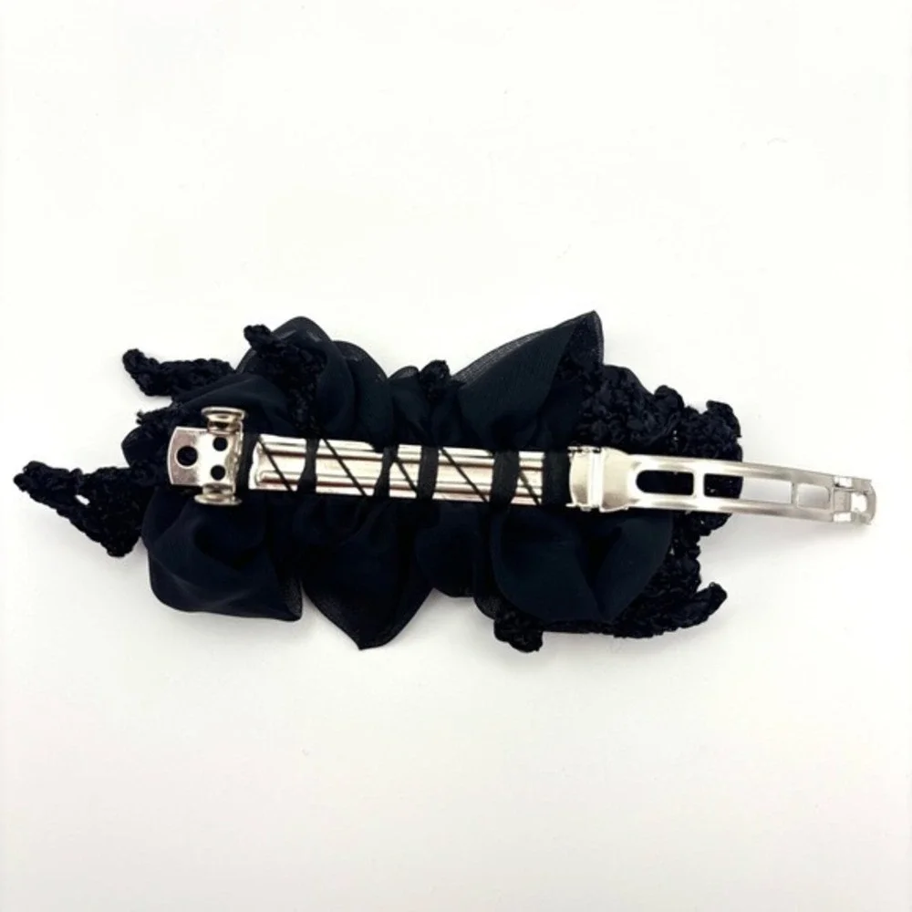 Vintage Black Chiffon‎ Crochet Ruffle Hair Clip Barrette Accessory 80s 90s